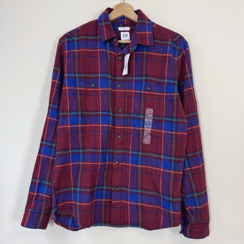 NWT Gap Plaid Red Blue Button Up Polo Tee Shirt - Small